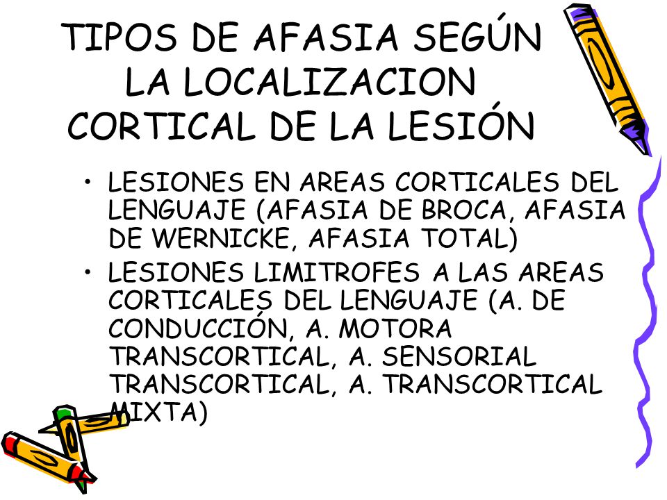 TIPOS DE AFASIA SEGÚN LA LOCALIZACION CORTICAL DE LA LESIÓN