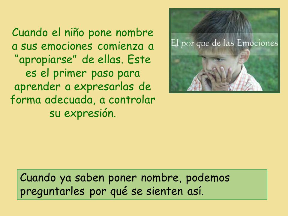 Cuando el niño pone nombre a sus emociones comienza a apropiarse de ellas. Este es el primer paso para aprender a expresarlas de forma adecuada, a controlar su expresión.
