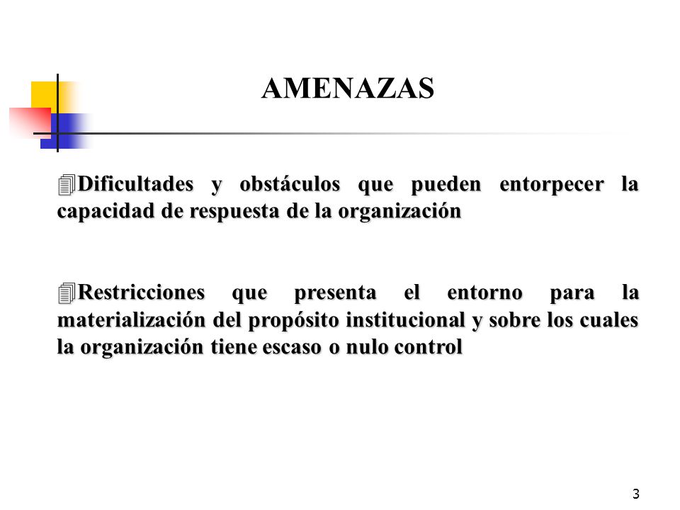 AMENAZAS Dificultades y obstáculos que pueden entorpecer la capacidad de respuesta de la organización.