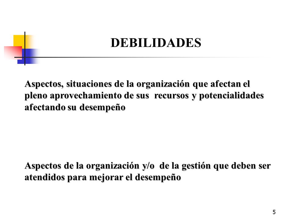 DEBILIDADES Aspectos, situaciones de la organización que afectan el pleno aprovechamiento de sus recursos y potencialidades afectando su desempeño.