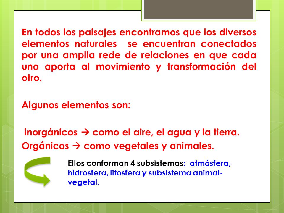 En todos los paisajes encontramos que los diversos elementos naturales se encuentran conectados por una amplia rede de relaciones en que cada uno aporta al movimiento y transformación del otro. Algunos elementos son: inorgánicos  como el aire, el agua y la tierra. Orgánicos  como vegetales y animales.