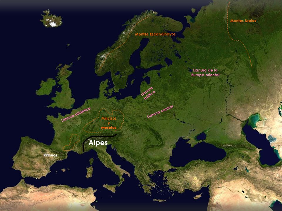 Alpes Montes Urales Montes Escandinavos Llanura de la Europa oriental