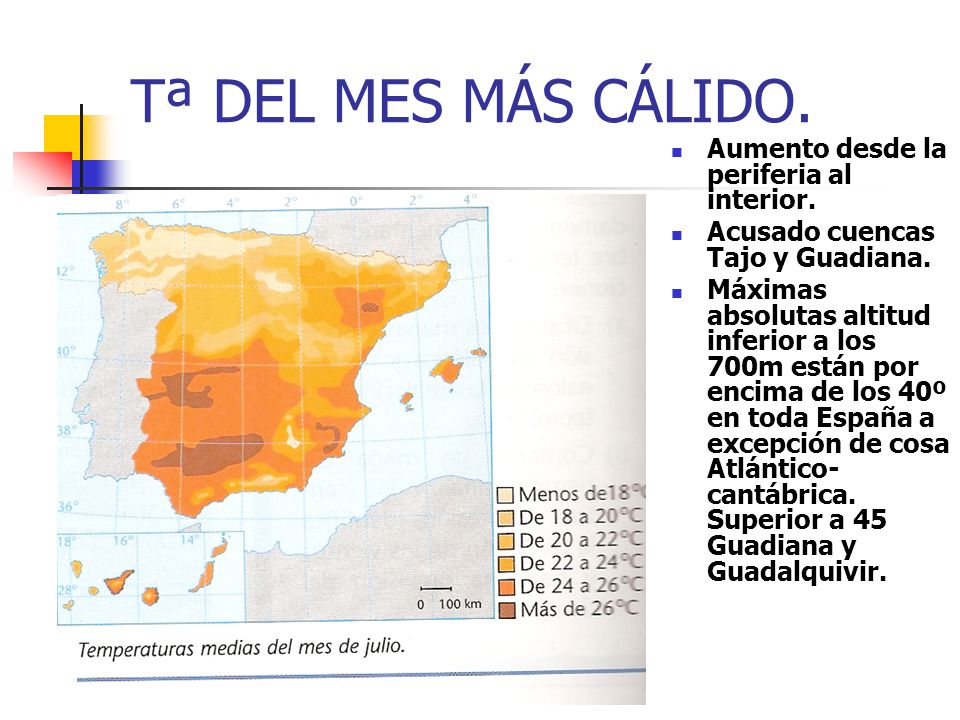 Tª DEL MES MÁS CÁLIDO. Aumento desde la periferia al interior.