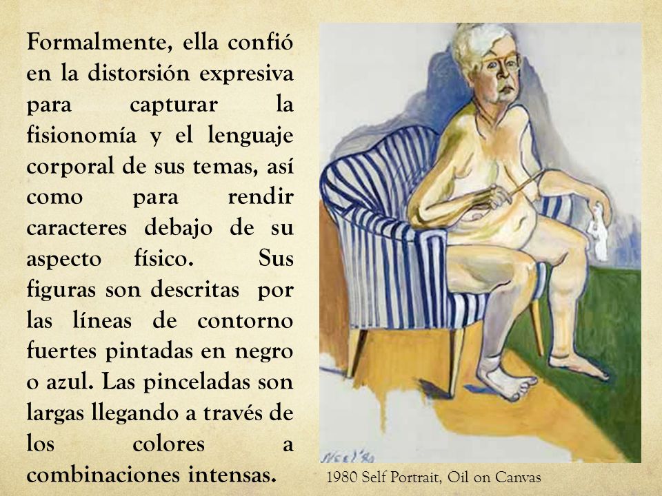 Formalmente, ella confió en la distorsión expresiva para capturar la fisionomía y el lenguaje corporal de sus temas, así como para rendir caracteres debajo de su aspecto físico. Sus figuras son descritas por las líneas de contorno fuertes pintadas en negro o azul. Las pinceladas son largas llegando a través de los colores a combinaciones intensas.