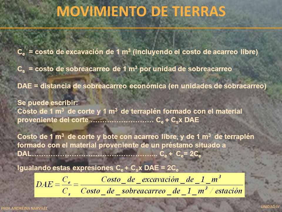 Movimiento de tierras Ce = costo de excavación de 1 m3 (incluyendo el costo de acarreo libre)