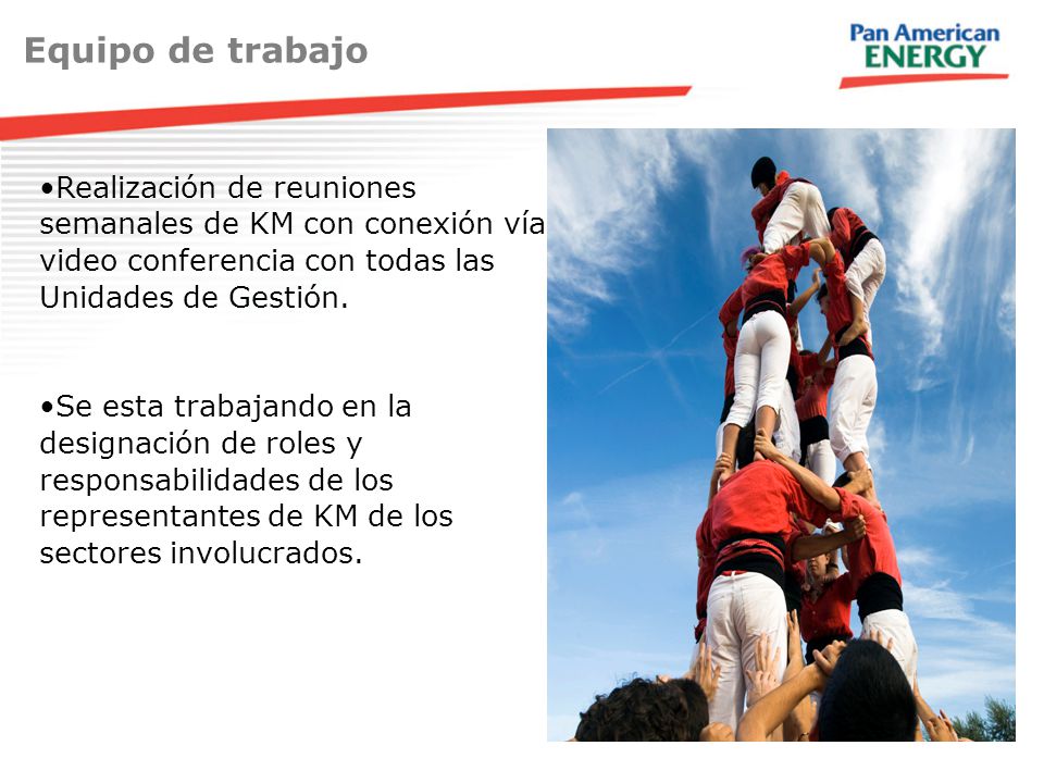 Equipo de trabajo Realización de reuniones semanales de KM con conexión vía video conferencia con todas las Unidades de Gestión.