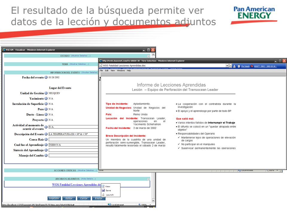 El resultado de la búsqueda permite ver datos de la lección y documentos adjuntos