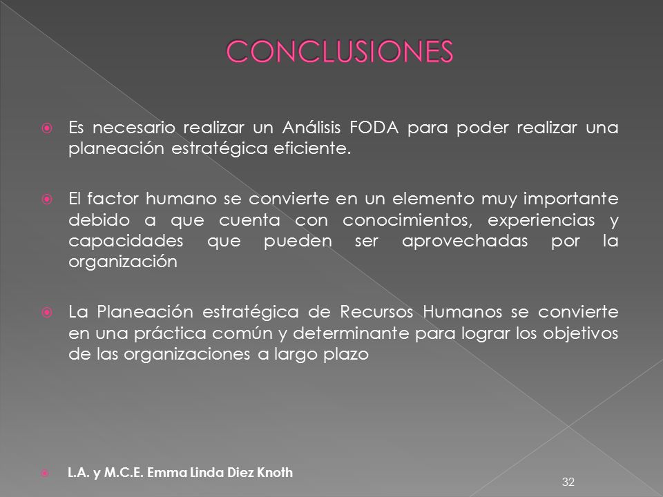 CONCLUSIONES Es necesario realizar un Análisis FODA para poder realizar una planeación estratégica eficiente.