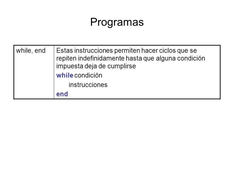 Programas while, end. Estas instrucciones permiten hacer ciclos que se repiten indefinidamente hasta que alguna condición impuesta deja de cumplirse.