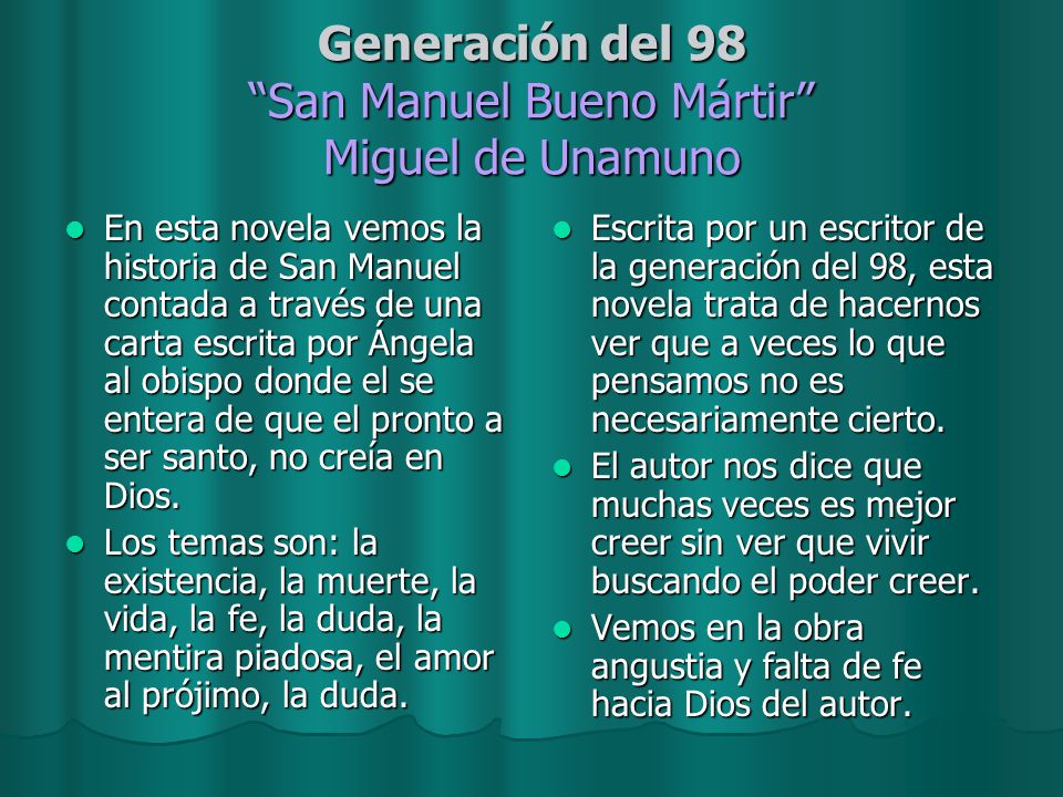 Generación del 98 San Manuel Bueno Mártir Miguel de Unamuno