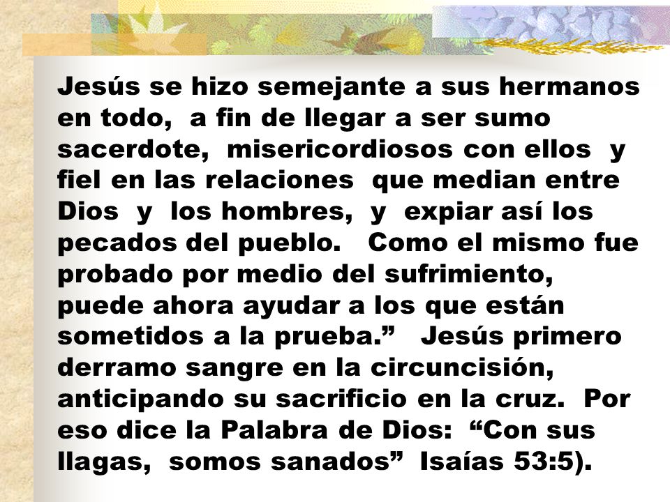 Jesús se hizo semejante a sus hermanos en todo, a fin de llegar a ser sumo sacerdote, misericordiosos con ellos y fiel en las relaciones que median entre Dios y los hombres, y expiar así los pecados del pueblo.