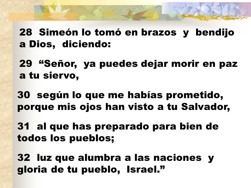 28 Simeón lo tomó en brazos y bendijo a Dios, diciendo: