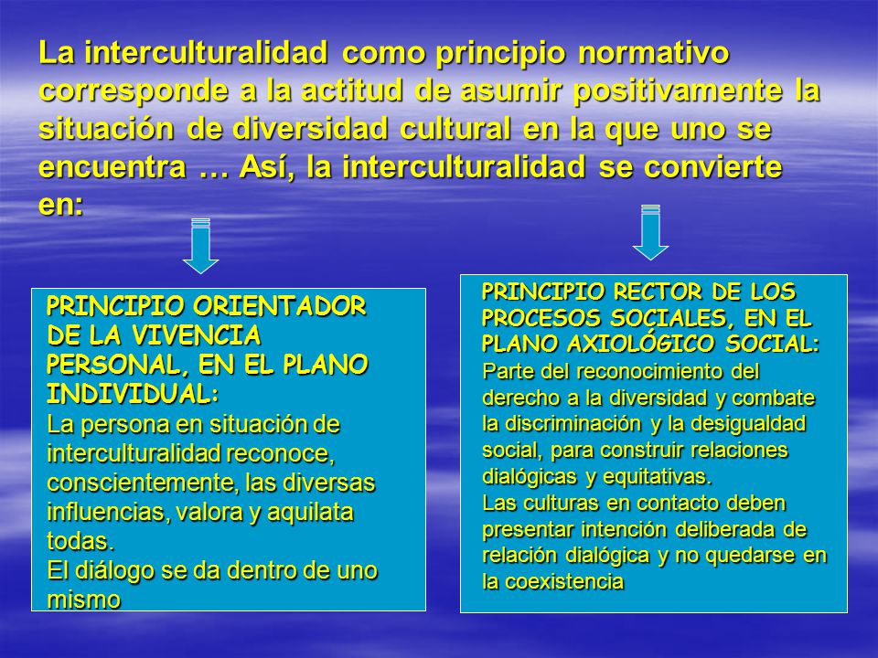 La interculturalidad como principio normativo corresponde a la actitud de asumir positivamente la situación de diversidad cultural en la que uno se encuentra … Así, la interculturalidad se convierte en:
