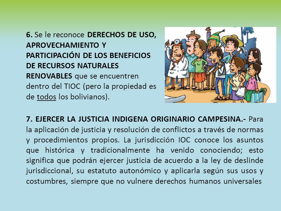 6. Se le reconoce DERECHOS DE USO, APROVECHAMIENTO Y PARTICIPACIÓN DE LOS BENEFICIOS DE RECURSOS NATURALES RENOVABLES que se encuentren dentro del TIOC (pero la propiedad es de todos los bolivianos).