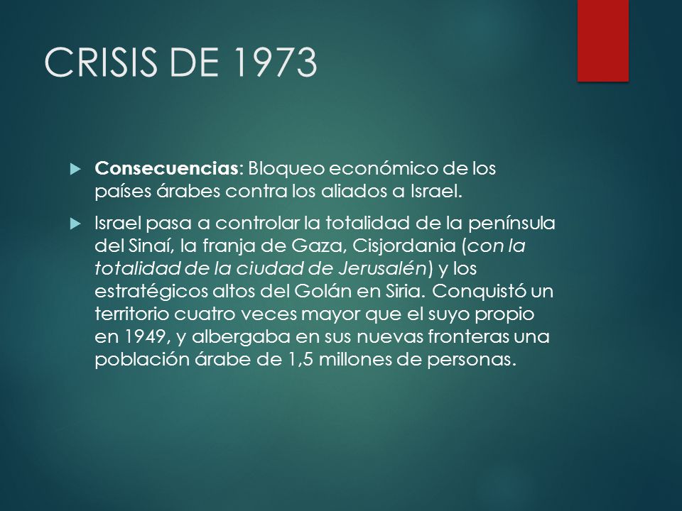 CRISIS DE 1973 Consecuencias: Bloqueo económico de los países árabes contra los aliados a Israel.