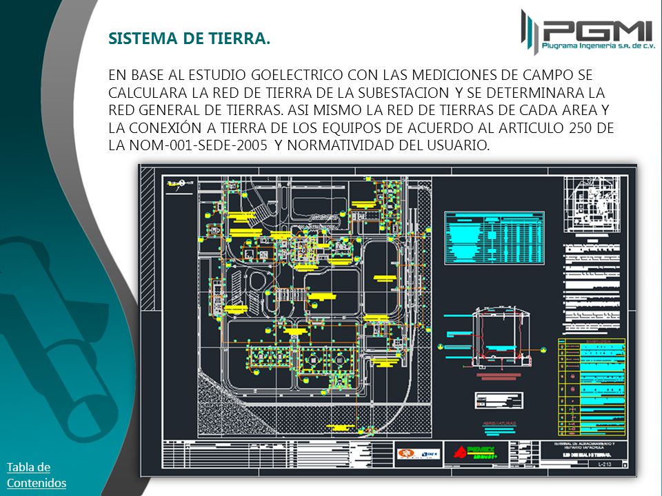 SISTEMA DE TIERRA. EN BASE AL ESTUDIO GOELECTRICO CON LAS MEDICIONES DE CAMPO SE CALCULARA LA RED DE TIERRA DE LA SUBESTACION Y SE DETERMINARA LA RED GENERAL DE TIERRAS. ASI MISMO LA RED DE TIERRAS DE CADA AREA Y LA CONEXIÓN A TIERRA DE LOS EQUIPOS DE ACUERDO AL ARTICULO 250 DE LA NOM-001-SEDE-2005 Y NORMATIVIDAD DEL USUARIO.