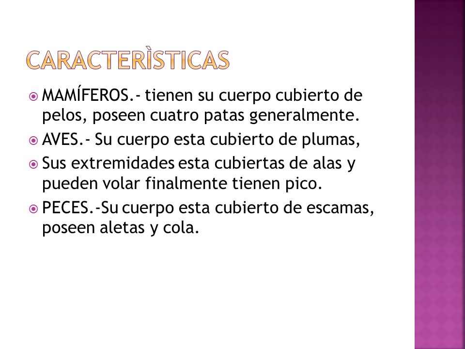 caracterìsticas MAMÍFEROS.- tienen su cuerpo cubierto de pelos, poseen cuatro patas generalmente. AVES.- Su cuerpo esta cubierto de plumas,