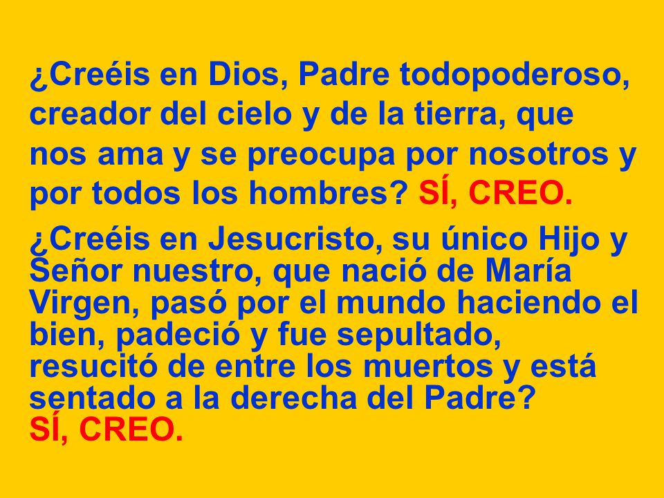 ¿Creéis en Dios, Padre todopoderoso, creador del cielo y de la tierra, que nos ama y se preocupa por nosotros y por todos los hombres SÍ, CREO.