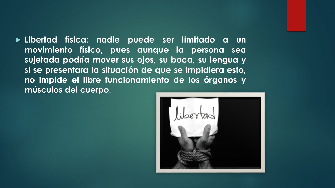 Libertad física: nadie puede ser limitado a un movimiento físico, pues aunque la persona sea sujetada podría mover sus ojos, su boca, su lengua y si se presentara la situación de que se impidiera esto, no impide el libre funcionamiento de los órganos y músculos del cuerpo.