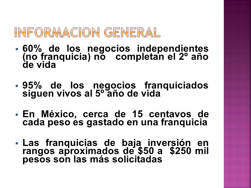 INFORMACION GENERAL 60% de los negocios independientes (no franquicia) no completan el 2º año de vida.