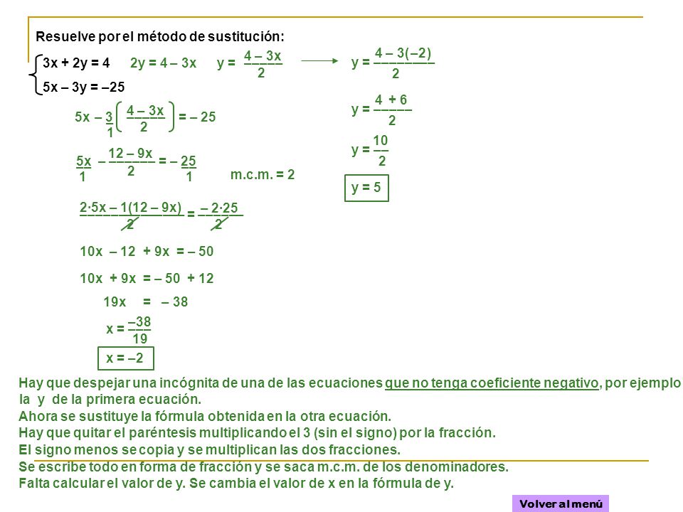 Resuelve por el método de sustitución: 4 – 3x 4 – 3( ) –2 3x + 2y = 4