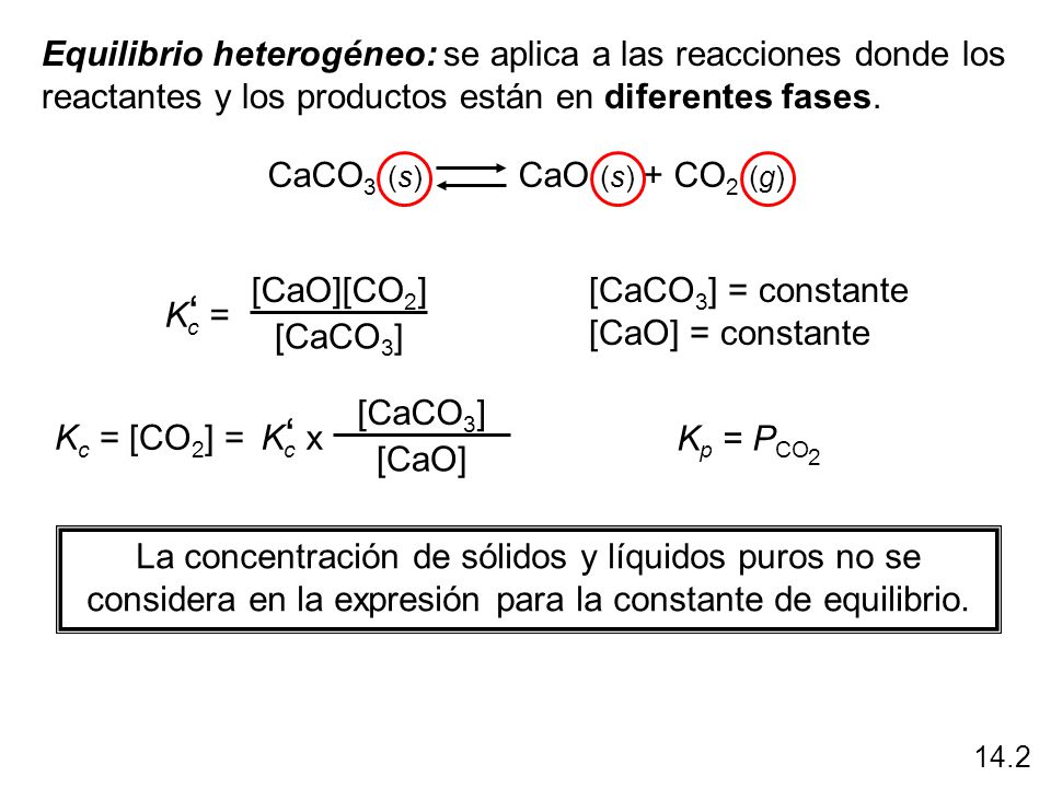 Equilibrio heterogéneo: se aplica a las reacciones donde los reactantes y los productos están en diferentes fases.