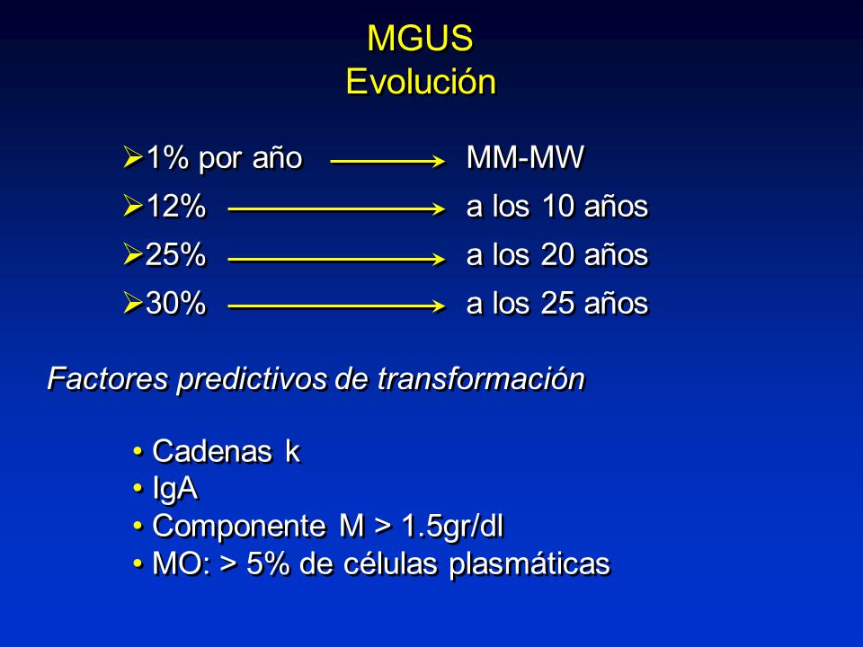 MGUS Evolución 1% por año MM-MW 12% a los 10 años 25% a los 20 años
