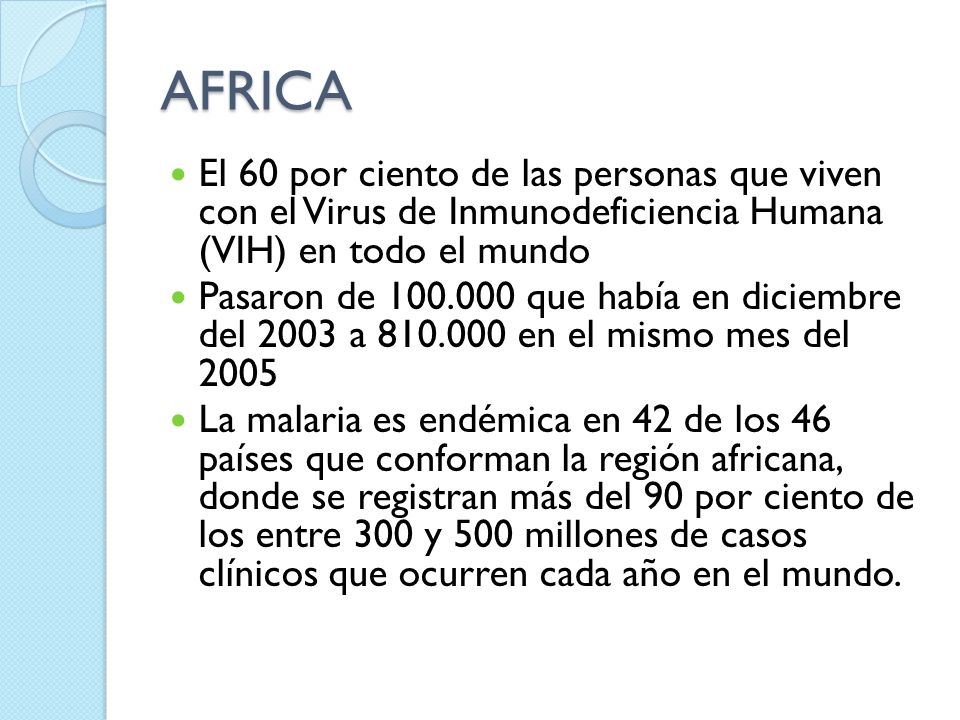 AFRICA El 60 por ciento de las personas que viven con el Virus de Inmunodeficiencia Humana (VIH) en todo el mundo.