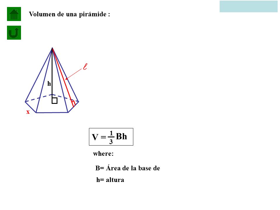 V = B h Volumen de una pirámide : l h x 1 3 where: