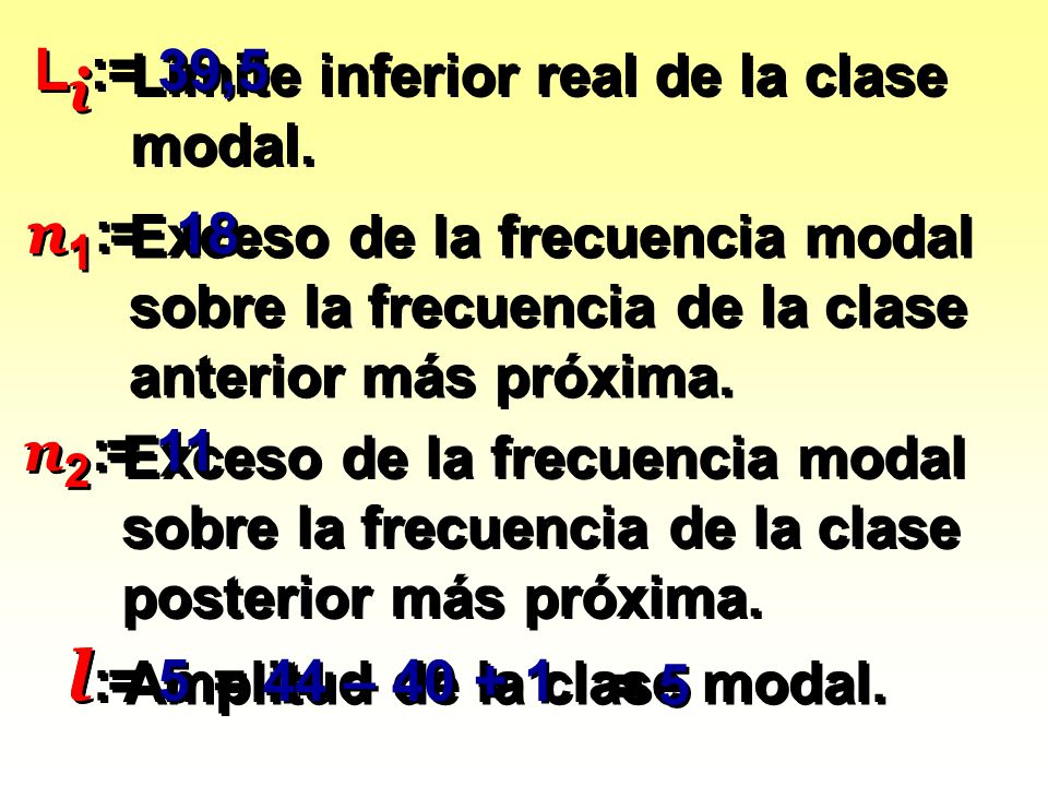 l = 5 l: Li: Li = 39,5 Límite inferior real de la clase modal. n1 = 18