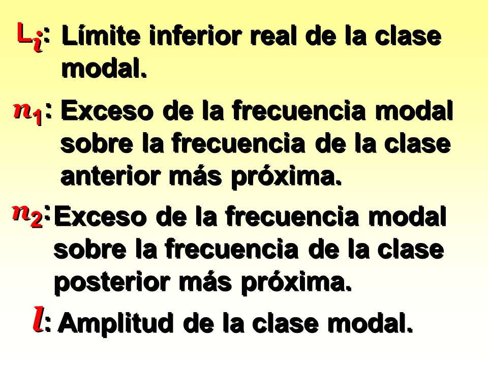 l: Li: Límite inferior real de la clase modal. n1: