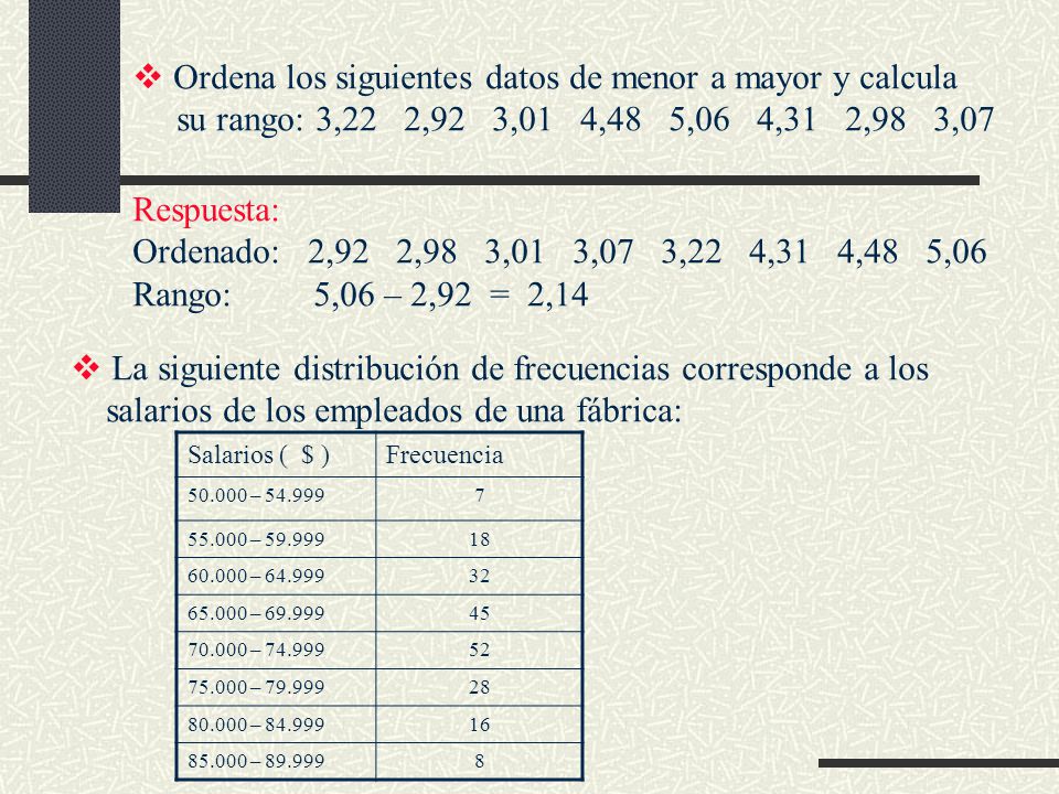 Ordena los siguientes datos de menor a mayor y calcula