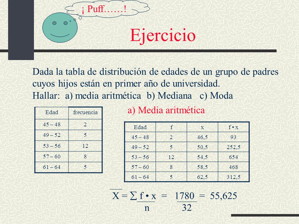 ¡ Puff……! Ejercicio. Dada la tabla de distribución de edades de un grupo de padres. cuyos hijos están en primer año de universidad.