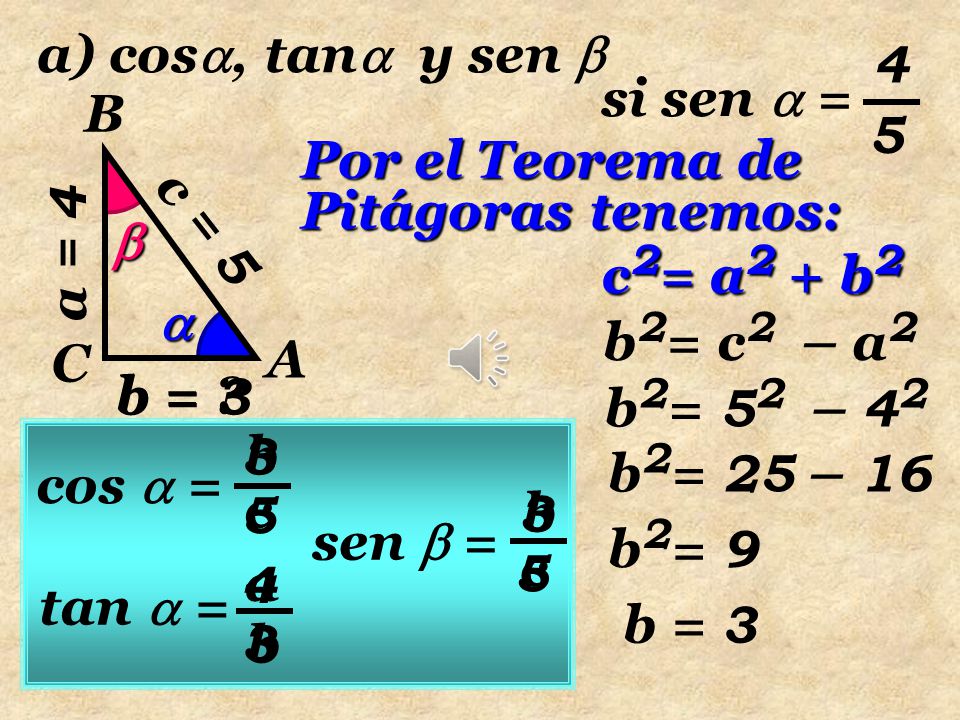 a) cos, tan y sen  si sen  = C. A. B. Por el Teorema de Pitágoras tenemos:  c = 5.