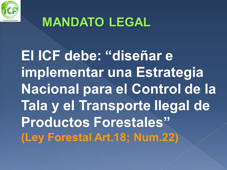 MANDATO LEGAL El ICF debe: diseñar e implementar una Estrategia Nacional para el Control de la Tala y el Transporte Ilegal de Productos Forestales