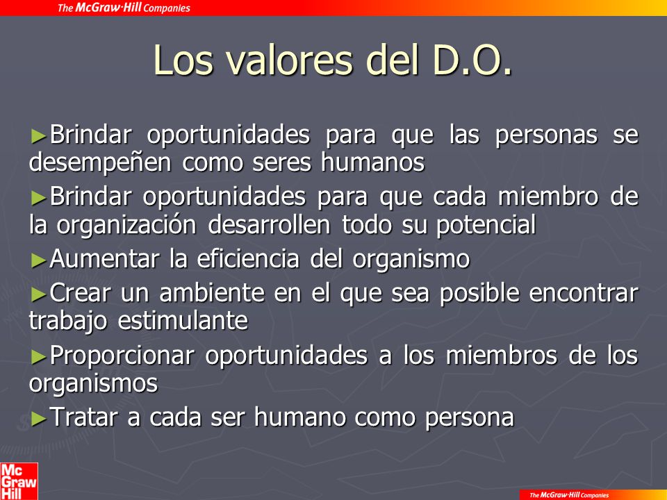 Los valores del D.O. Brindar oportunidades para que las personas se desempeñen como seres humanos.