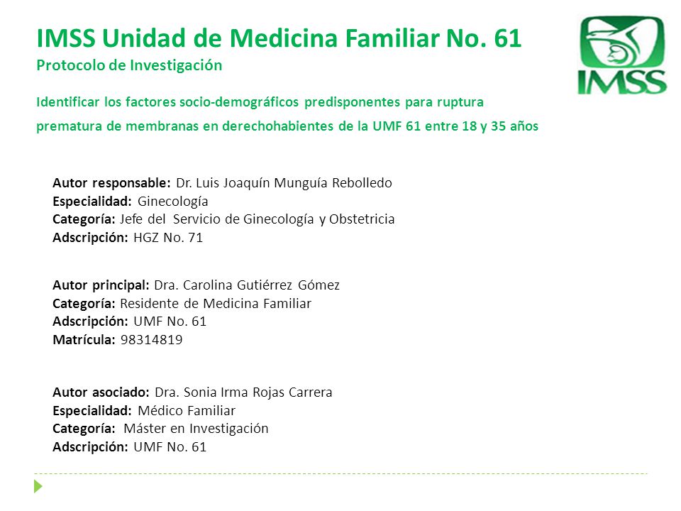 IMSS Unidad de Medicina Familiar No. 61 Protocolo de Investigación