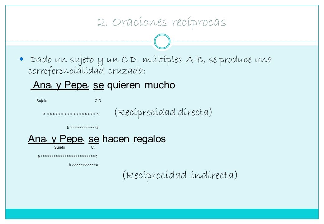 2. Oraciones recíprocas Dado un sujeto y un C.D. múltiples A-B, se produce una correferencialidad cruzada: