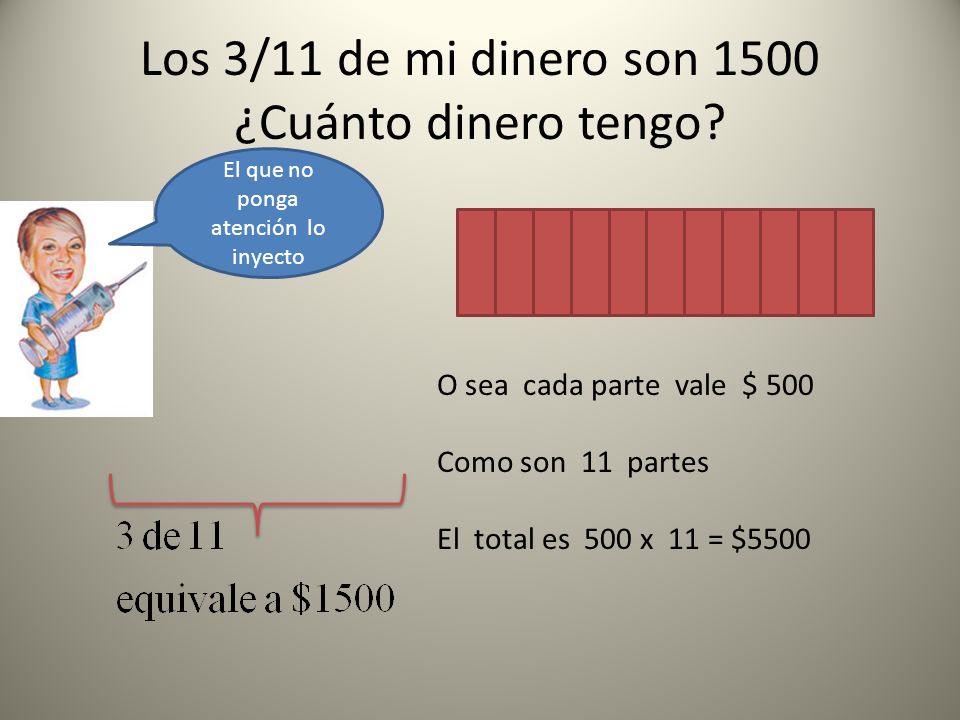 Los 3/11 de mi dinero son 1500 ¿Cuánto dinero tengo