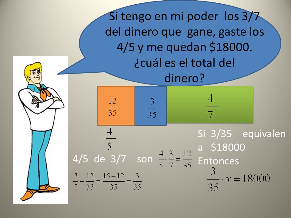 Si tengo en mi poder los 3/7 del dinero que gane, gaste los 4/5 y me quedan $ ¿cuál es el total del dinero