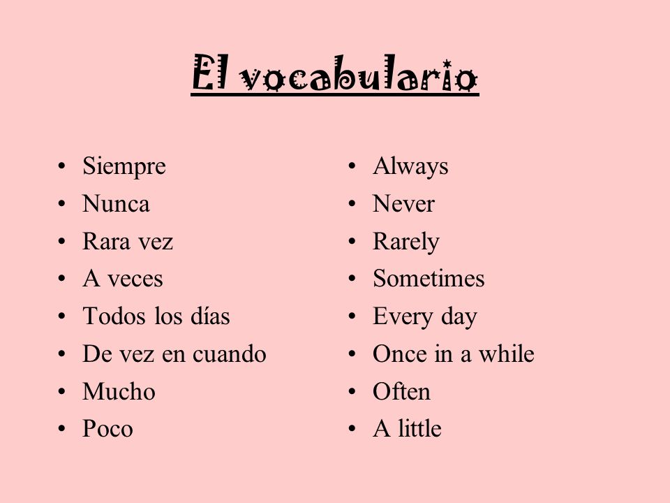 El vocabulario Siempre Nunca Rara vez A veces Todos los días