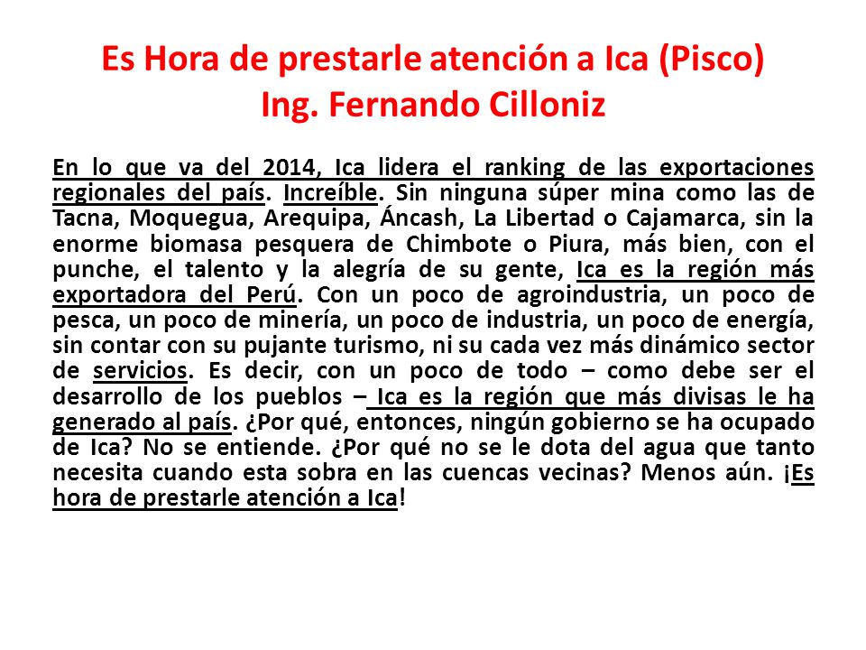 Es Hora de prestarle atención a Ica (Pisco) Ing. Fernando Cilloniz