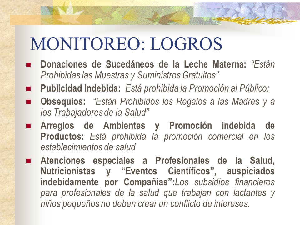 MONITOREO: LOGROS Donaciones de Sucedáneos de la Leche Materna: Están Prohibidas las Muestras y Suministros Gratuitos