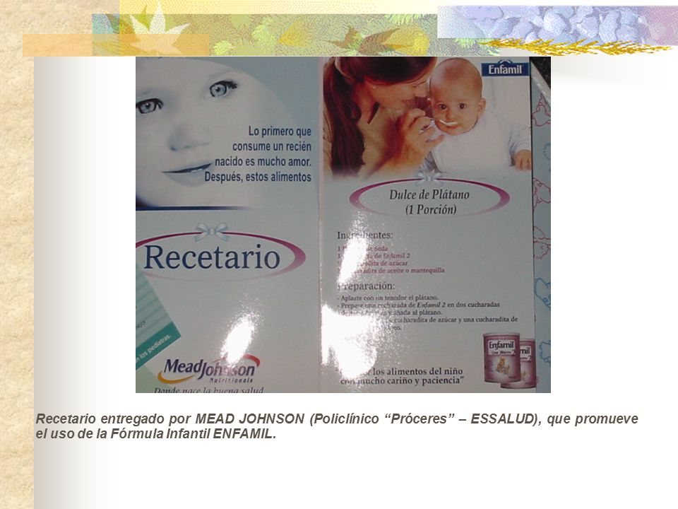 Recetario entregado por MEAD JOHNSON (Policlínico Próceres – ESSALUD), que promueve el uso de la Fórmula Infantil ENFAMIL.