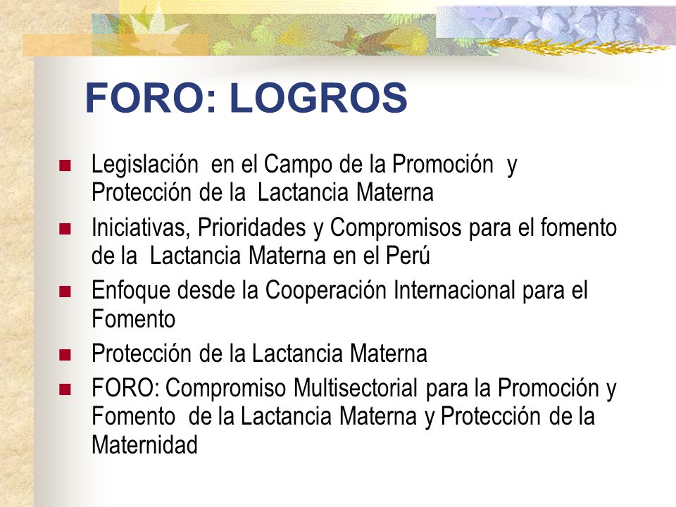 FORO: LOGROS Legislación en el Campo de la Promoción y Protección de la Lactancia Materna.