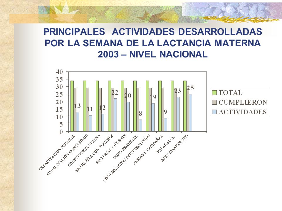 PRINCIPALES ACTIVIDADES DESARROLLADAS POR LA SEMANA DE LA LACTANCIA MATERNA 2003 – NIVEL NACIONAL