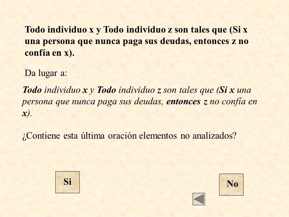 Todo individuo x y Todo individuo z son tales que (Si x una persona que nunca paga sus deudas, entonces z no confía en x).