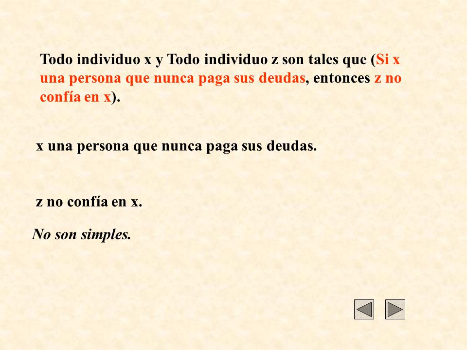 Todo individuo x y Todo individuo z son tales que (Si x una persona que nunca paga sus deudas, entonces z no confía en x).
