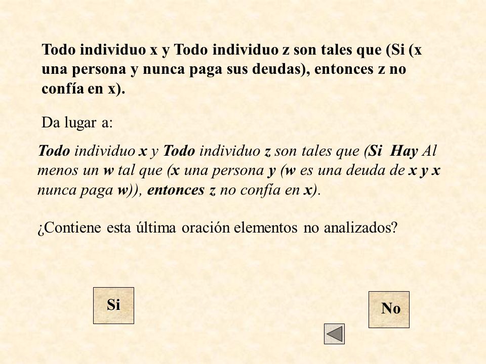 Todo individuo x y Todo individuo z son tales que (Si (x una persona y nunca paga sus deudas), entonces z no confía en x).