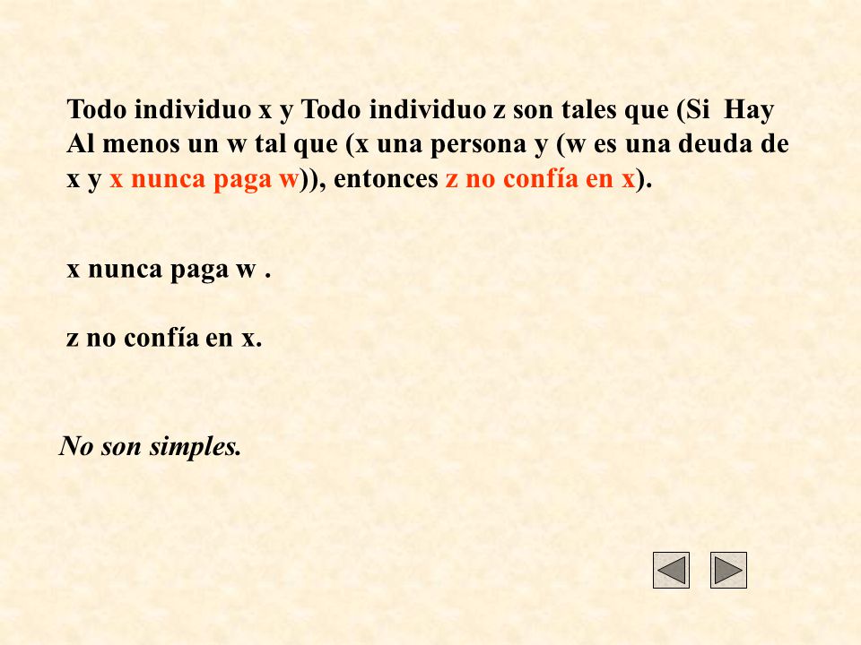 Todo individuo x y Todo individuo z son tales que (Si Hay Al menos un w tal que (x una persona y (w es una deuda de x y x nunca paga w)), entonces z no confía en x).